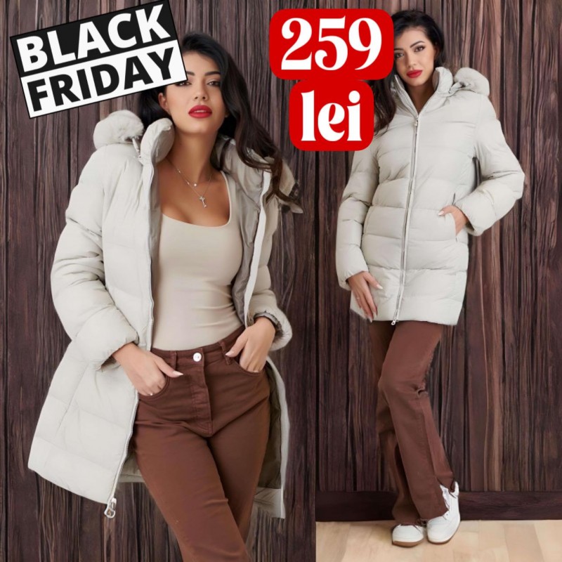 Geaca groasa gri deschis, lunga cu buzunare si gluga