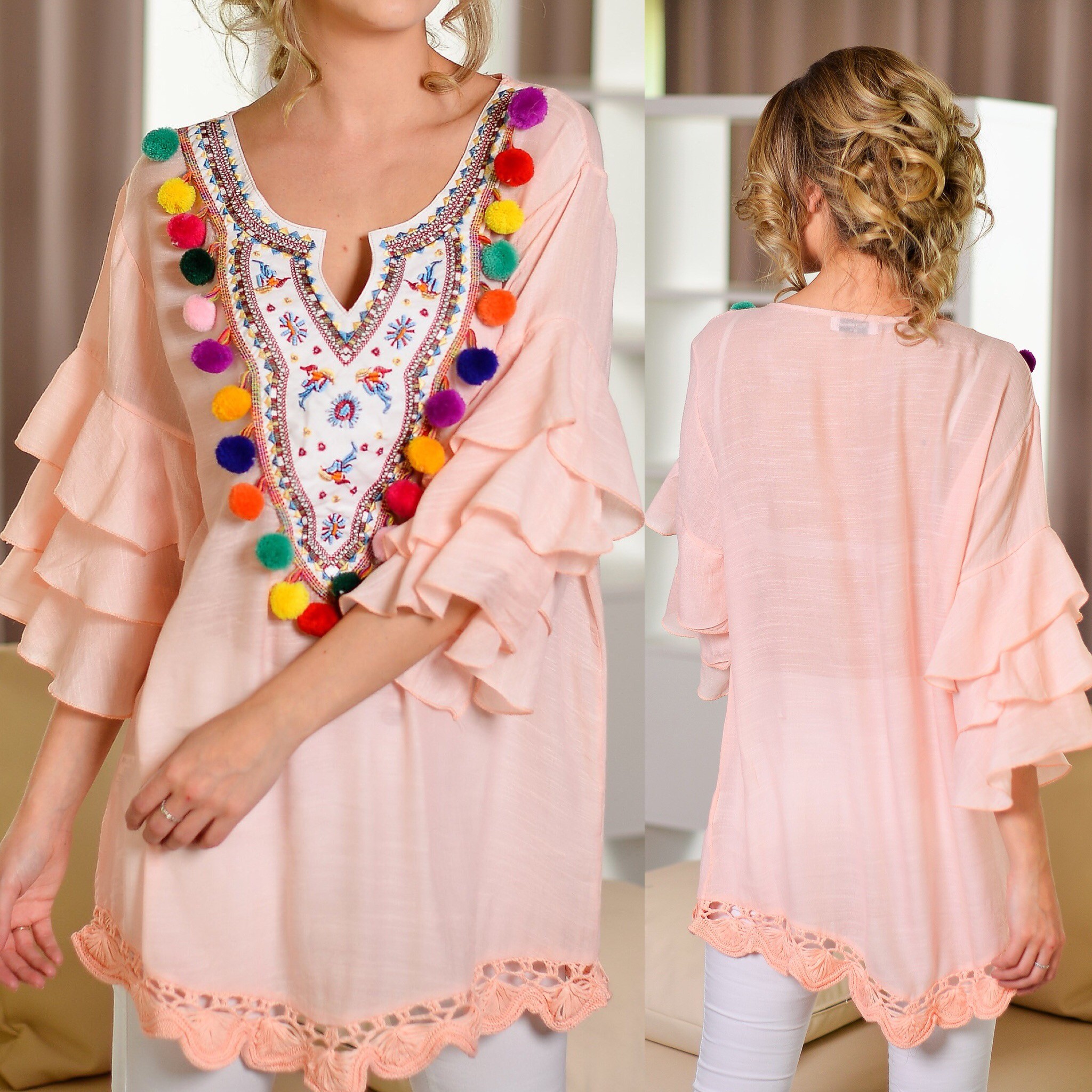 Bluza vaporoasa cu model traditional stilizat cu ciucuri - roz